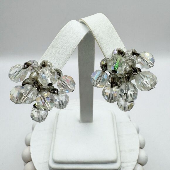 Vintage MCM Aurora Borealis AB Faceted Crytal Cluster Cha Cha Clip On Earrings - Picture 1 of 14